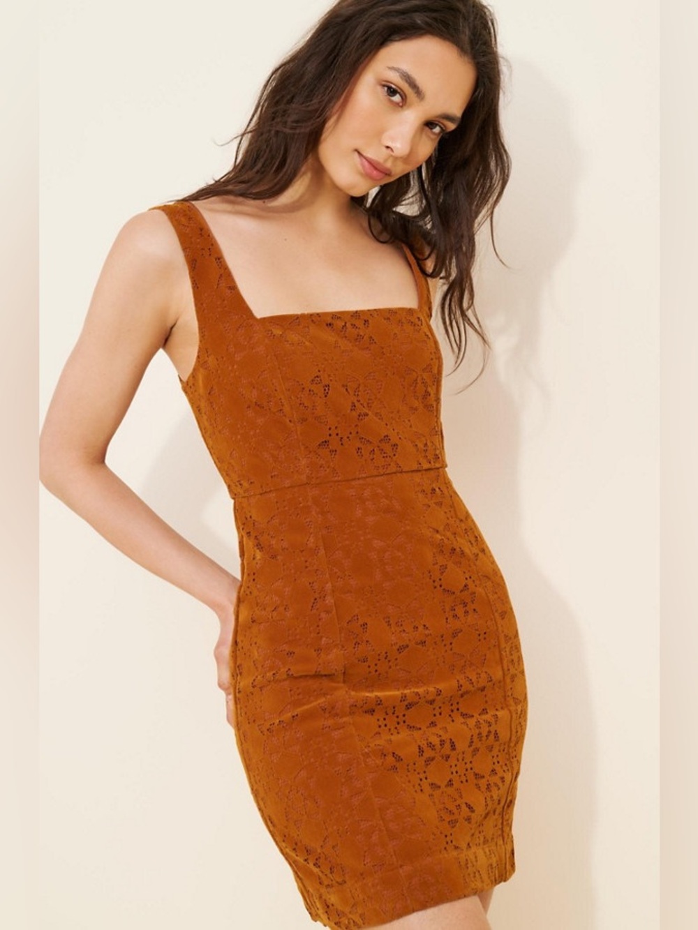 MAEVE | Anthropologie | Faux Suede Mini Dress Boho Laser Cut Detail, Sz 10